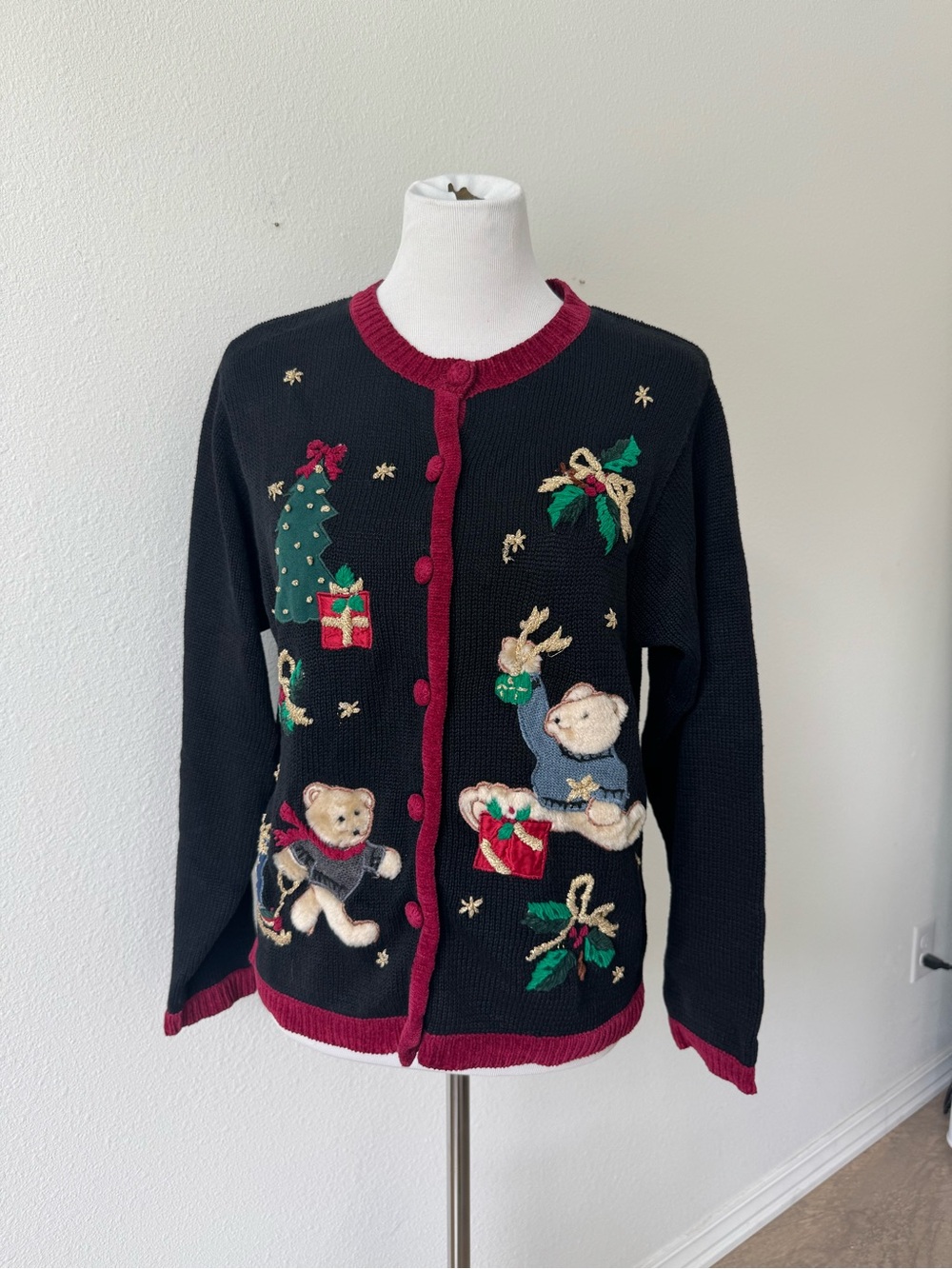 Victoria Jones Black and Red Teddy Bear Christmas Knitted Cardigan